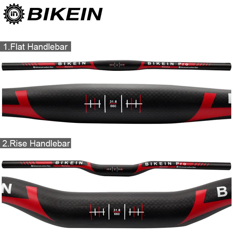 

BIKEIN PRO Ultralight Full T700 3k Carbon Mountain Bike Handlebar 31.8mm MTB Flat/Rise Cycling Handle Bars Bicycle Parts 130g, Matte (black + red)