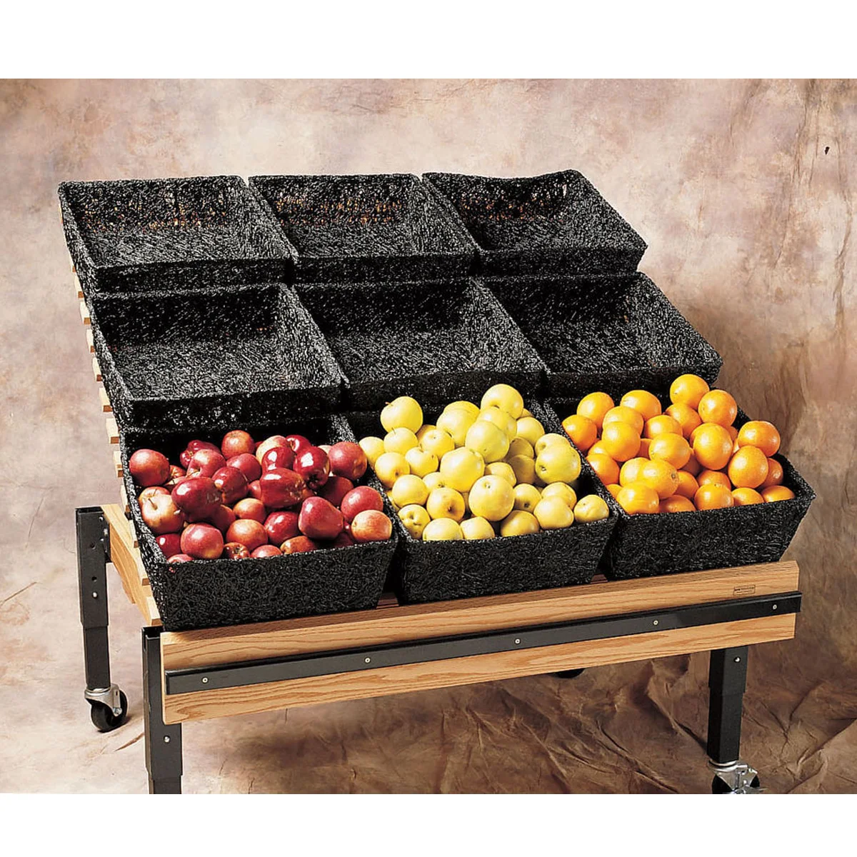 Mobile Metal Wood Fruit Display Rack 9 Carriers With Wheels For