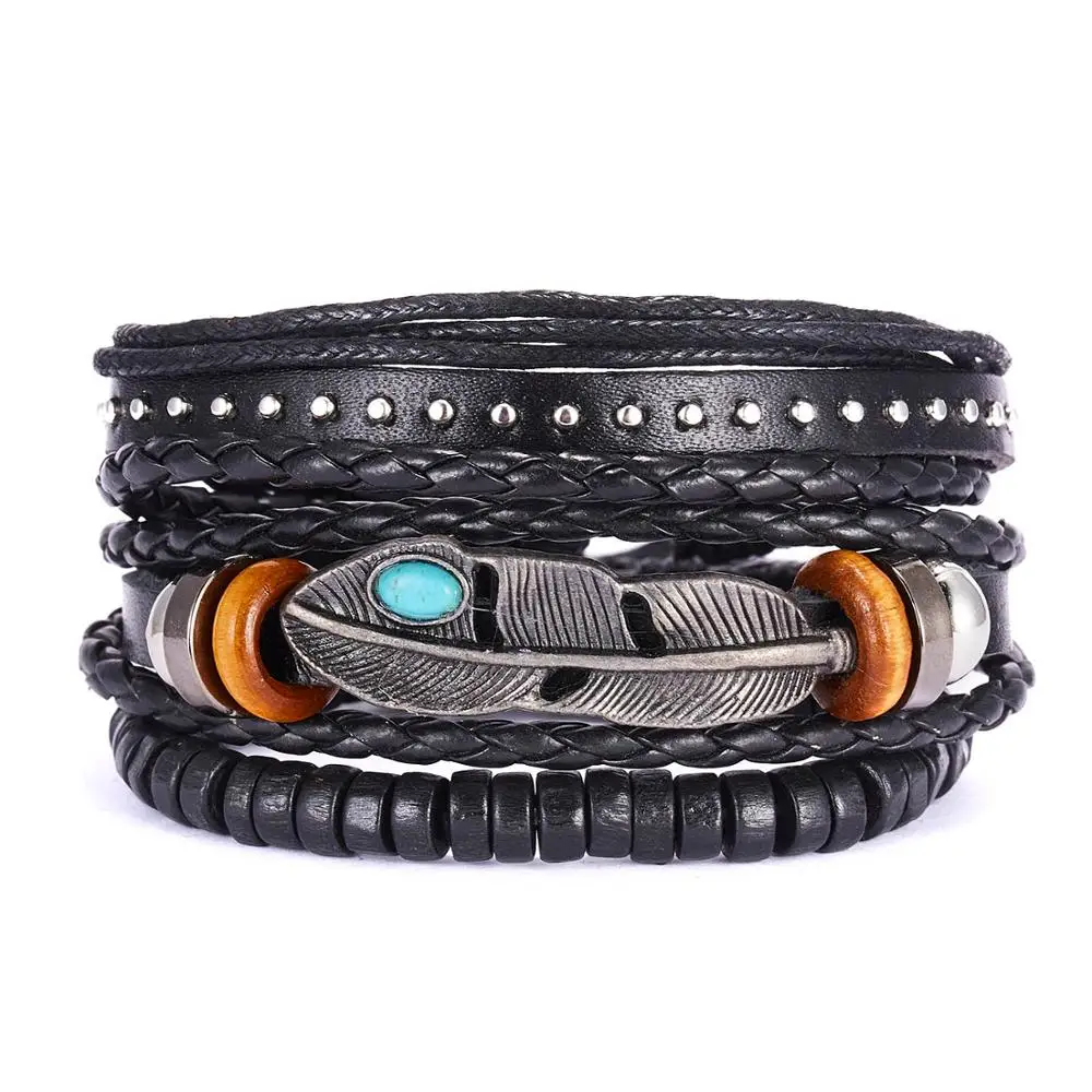 

Punk Style Multilayer Mens Leather Bracelet Wooden Beads Leather Weave Wrap Bracelet For Men, Picture