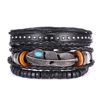 

punk style multilayer Mens Leather Bracelet wooden beads leather weave wrap bracelet for men