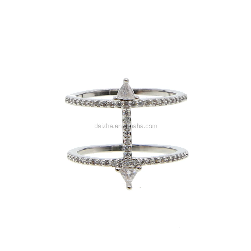 

newest fashion cz paved white gold color double ring with bar shape full finger rings