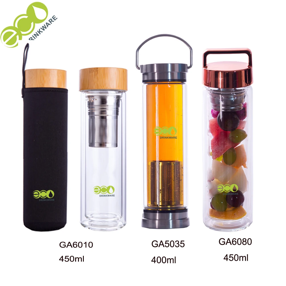 

BPA free GA5030 double stainless lid tea double wall infuser glass drinking water bottle with tea infuser, Transparent