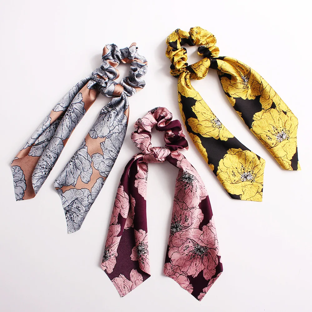 

Chinese Supplier wholesale fancy 37 colors scrunchies printing ribbon satin hair bow ties elastic hair bands for women/girls, Picture