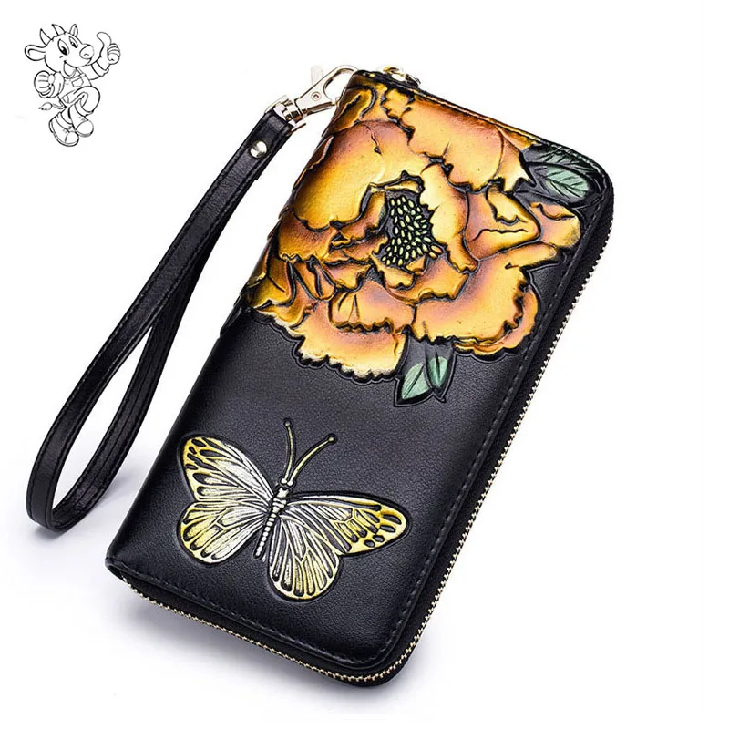 

Luxury Brand Flora Butterfly Genuine Leather Female Wallet Women Coin Purses Fashion RFid Clutch Card Holder