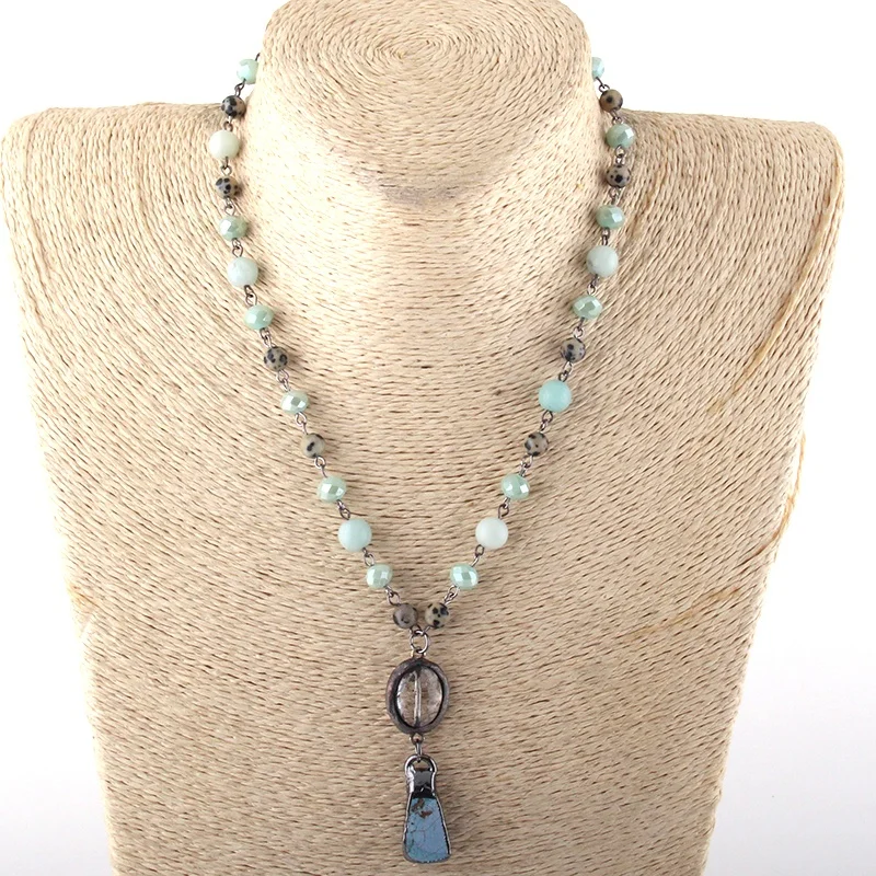 

Women 8MM Natural Stone Dalmatian & Glass Crystal Chain Stone Pendant Choker Necklace