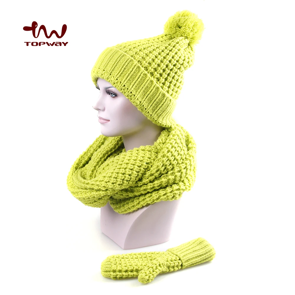 Wholesale Fashionable 3 Pieces Wool Winter Knitted Crochet Cuff Hat Scarf and Gloves Set For Women
