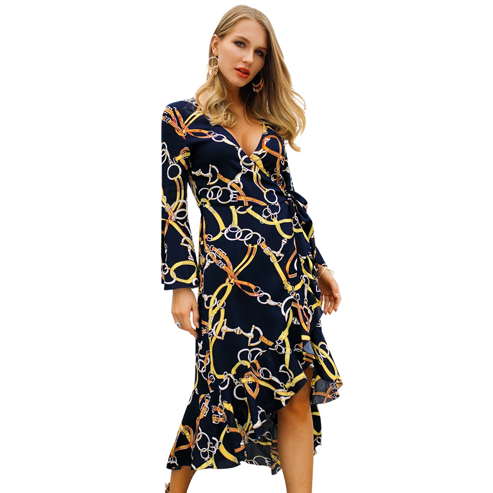 

2019 latest sashes design deep v wide sleeve full body chain print wrap maxi women dress sexy, N/a