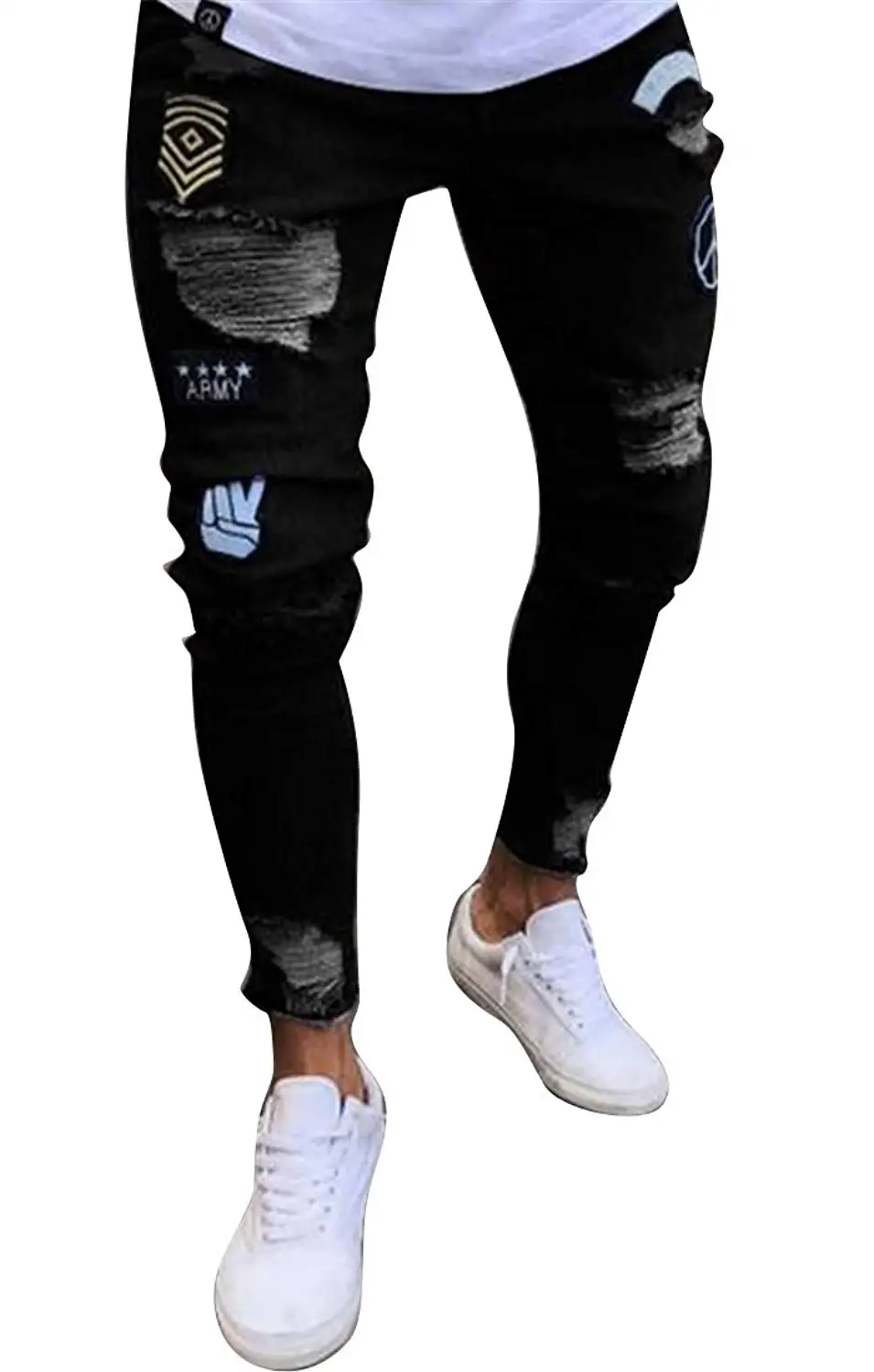 GRMO Men Ripped Holes Denim Straight Distressed Pants