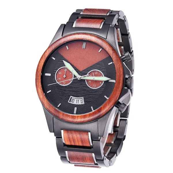 

Wholesale Luxury Custom Engraved Wood Watches Men Stainless Steel Chronograph Wood Metal Watch, 3 colors in stock