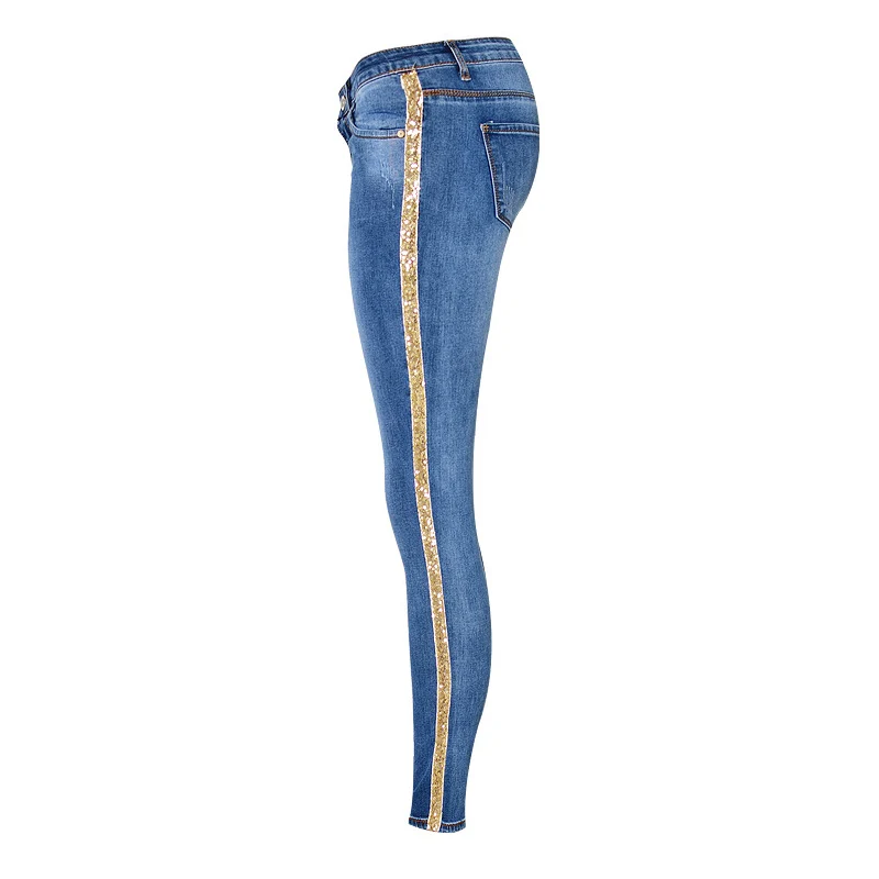 

Low Waist Fashion Side Stripe Skinny Jeans Women Slim Embroidered Gold Sequin Vaqueros Mujer Denim pants, Blue,light blue ,or customized