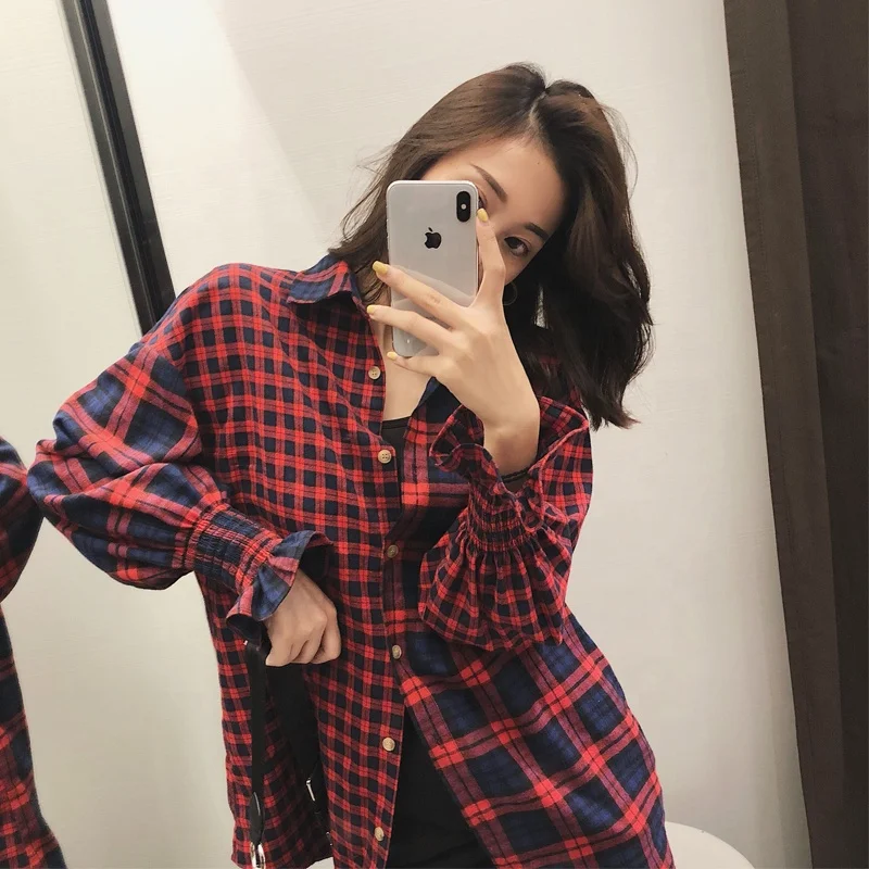 

Factory Outlet High-quality 2019 New Arrivals Asymmetric Puff Sleeve Lattice Women's blouse & tops For Lady