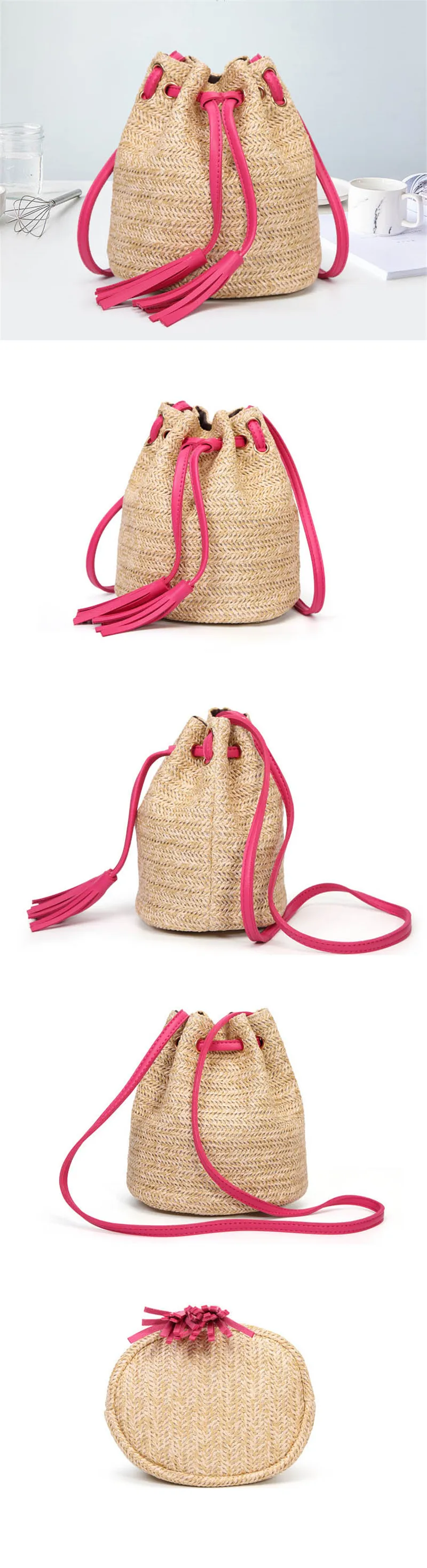 Wholesale Girls Natural Straw Bucket Beach Bag Straw Crossbody Bag