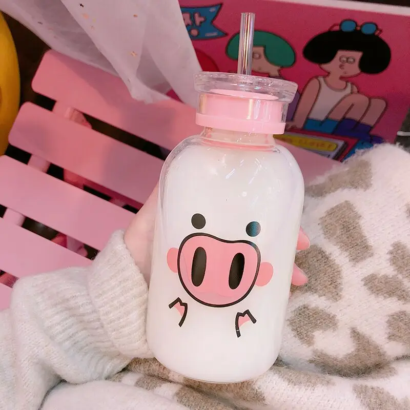 

BPA Free Wholesale Transparent Glass Bottle With Lid Straw, Pink clear