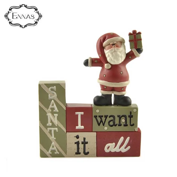 Custom wholesale creative christmas ornaments santa figurine decoration 'i want it all' blocks