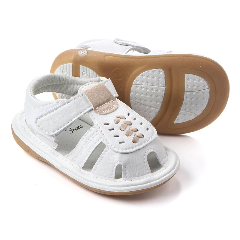 

High quality jump with sound leather kids baby sandals shoes, White/blue/brown