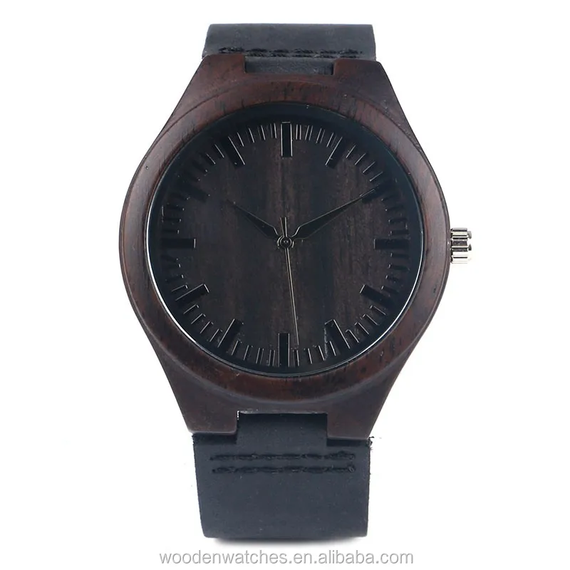 

Wholesale OEM Design Your Own Black Wooden Watch for Man Leather Strap