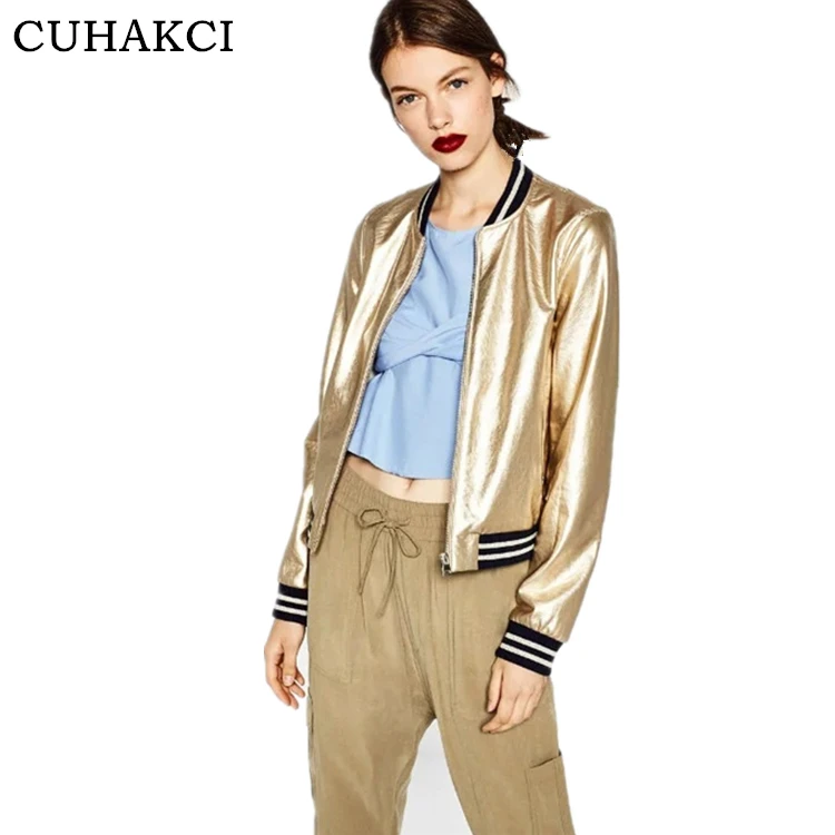 

Street Design Side Pocket Casual Zipper Stand Collar Slim Jackets Vogue PU Women Bomber Jacket, Gold;silver
