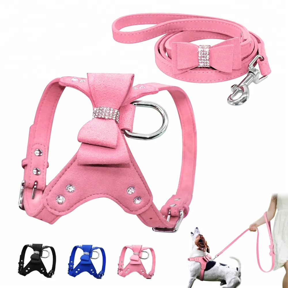 

New arrival bling rhinestone microfibre dog leash harness set, Black;blue;pink