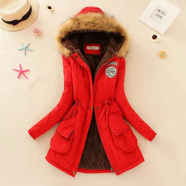 Lady Fur Collar Cotton Long Parkas Hoodies Warm Jackets Plus Size Winter Coat Women