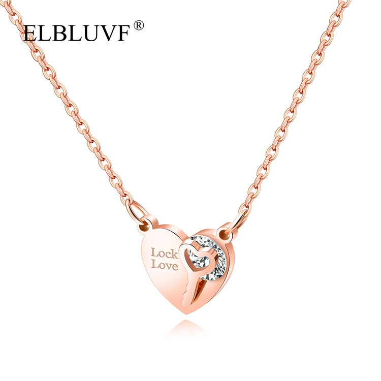 

ELBLUVF Free Shipping Stainless Steel Women Jewelry Rose Gold Plated Heart Shape key Zircon Pendant Necklace