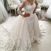 

V neck Ball Gown Plus Size Detachable skirt Lace Vintage Wedding Gown Long sleeve Muslim Arab Wedding Dresses MWA319