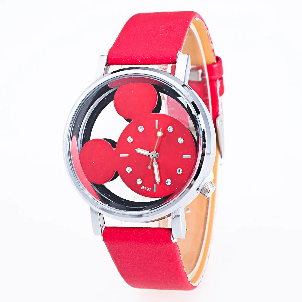 

3956 High Quality Stylish Cute Girls Micky Mouse Face Leather Band Quartz Wrist Watch for Children