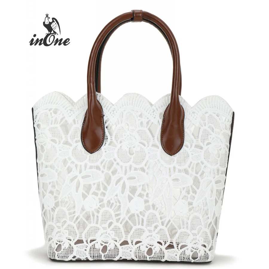 

Solid PU Leather Clear Transparent Hollow Out Lace Tote Bag Purse, White