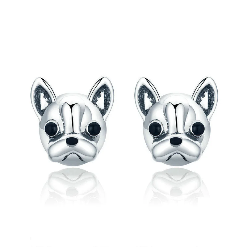 100% 925 Sterling Silver Loyal Partners French Bulldog Dog Animal Small Stud Earrings for Women Oorbellen Jewelry SCE283