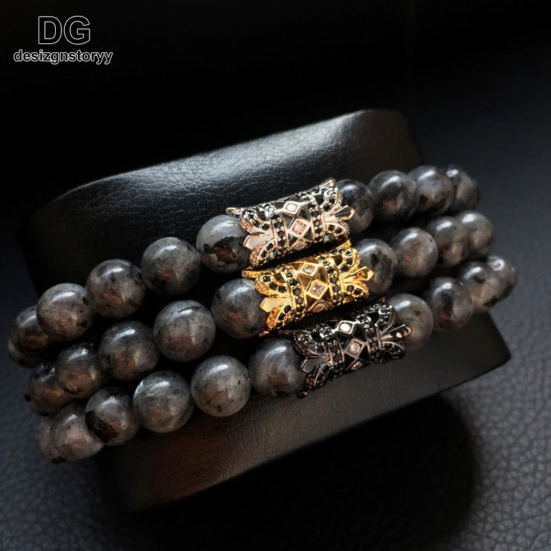 

Men Women Charm 8mm Labradorite Stone Beads Micro Pave CZ Crown Bracelet Bangle