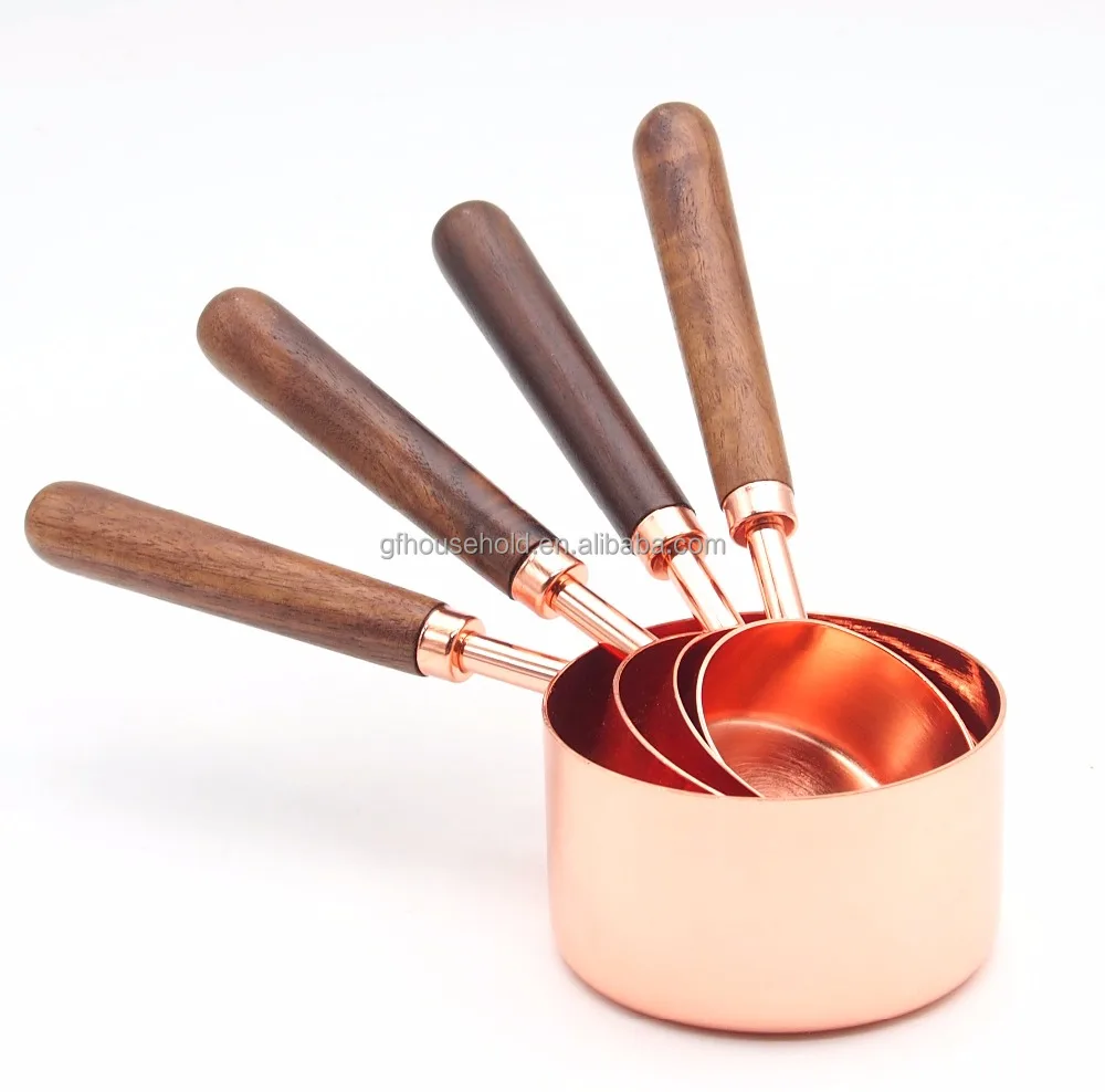 

Set of 4 Luxury Kitchen Stainless Steel Rose Gold Copper Plating Measuring Cups with Walnut Handle, Silver;rose gold;black.