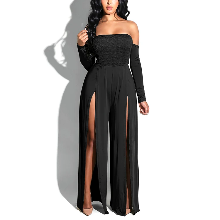 Wholesale Sexy High Split Leg Off The Shoulder Party Wear Women Long Sleeve Jumpsuit