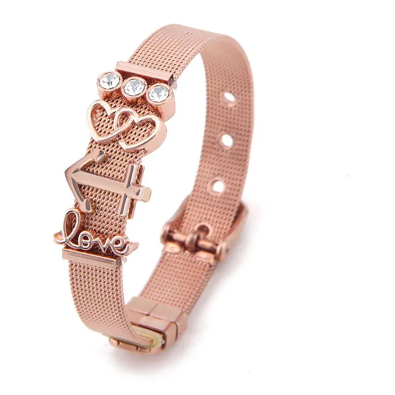 

2018 Hot Sell Double Heart Charms Mesh Chain Rose Gold Bracelet For Women, Rose-gold black silver