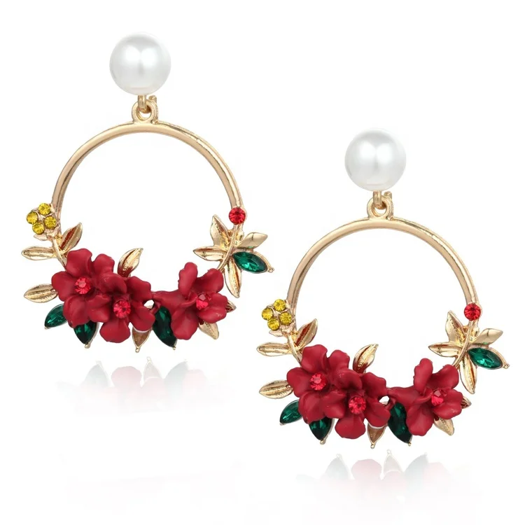 

Faux Pearl Post Pink Floral Earrings Enamel Flower Earrings For Women