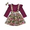 Wholesale girl blank flutter shirts & floral suspender skirts & bow headband little girl outfits three parts spring girl sets
