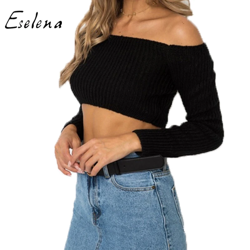 

wholesale customized ODM women sexy bare shoulder bare navel sweater slim pure crop top for girls