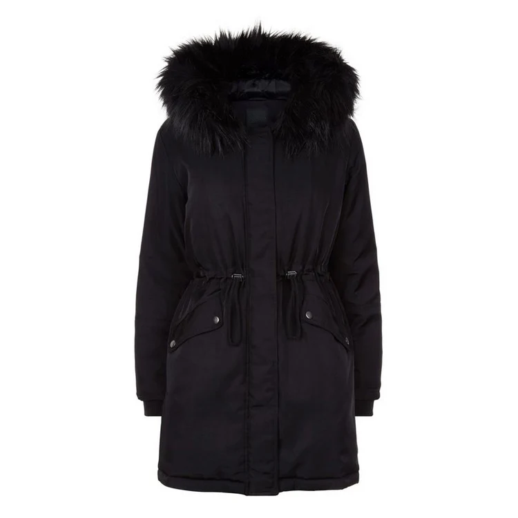 Fashion High Quality Ladies Black Faux Fur Lined Hooded Parka Jacket ...