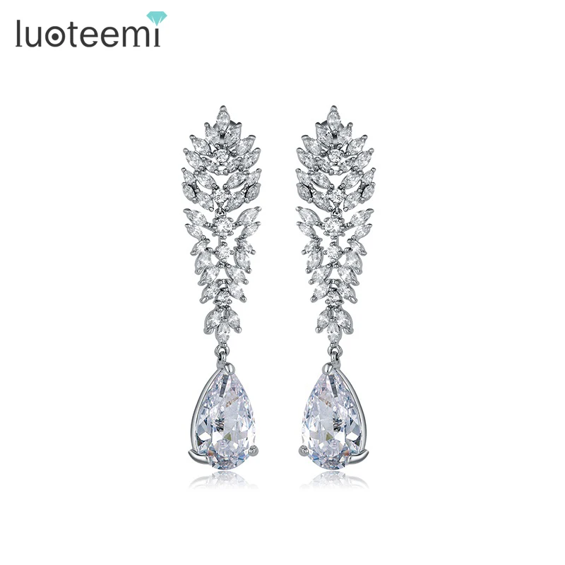 

LUOTEEMI Wholesale Beautiful Design Women Fashion Bridal Wedding Jewelry Fancy Clear Teardrop Cubic Zirconia Long Drop Earring