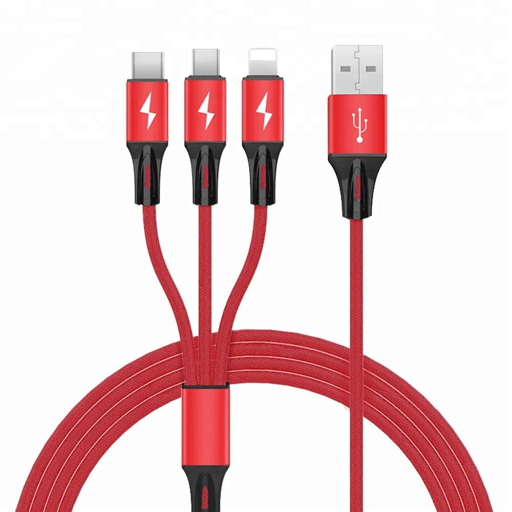 

Amazon hot sale 3 in 1 Multiple cotton for iphone for Android for Type -C USB Charging Cable, Black/red/blue