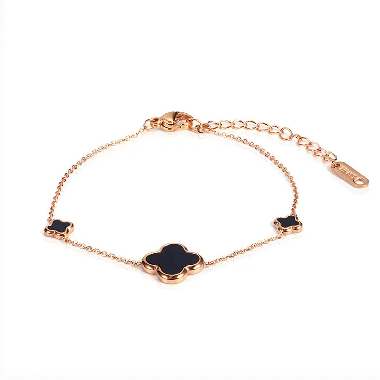 

Black Shell Women's Rose Gold Link Chain 4 Leaf Clover Bracelet