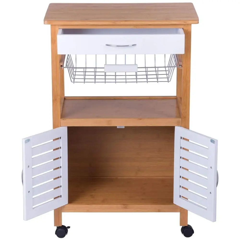 
Kitchen Cart Rolling Trolley Cart Island Bamboo Top With Storage Drawer Basket Cabinet Truck Kitchen 