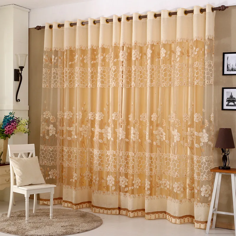 Oriental Indian Gold Jacquard Floral Window Tulle Voile Sheer