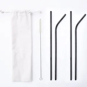 Image of Metal Drinking Black Reusable Set Stainless Steel Straw With Customized Logo