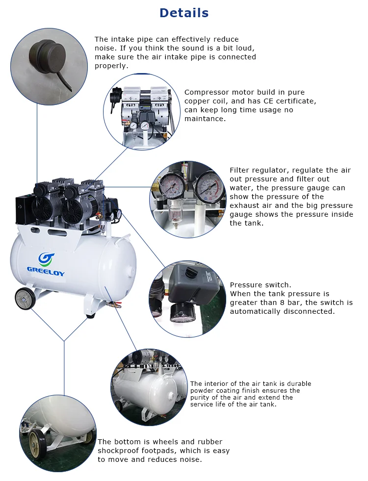 2hp Oilless Medical Grade 60l Air Compressor For Dental Chairs Use