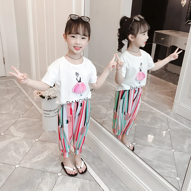 

New children summer O-Neck Printed Girl Clothes Set including casual t-shirt+pants tools set kid