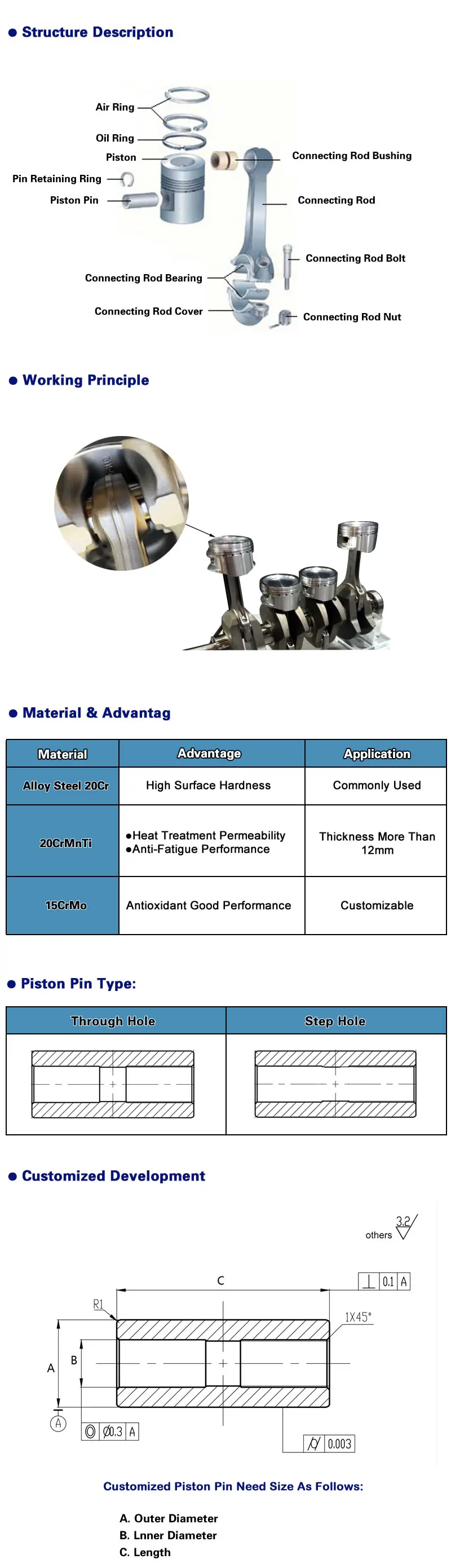 Supplying Advanced Diesel Engines Piston Wrist Pin Cylinder Liner Part