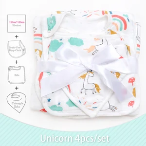 Wholesale Customized Super Soft Bamboo Cotton Milestone Baby Blanket Triangle Bibs Burp Cloth Baby Shower Gift Set