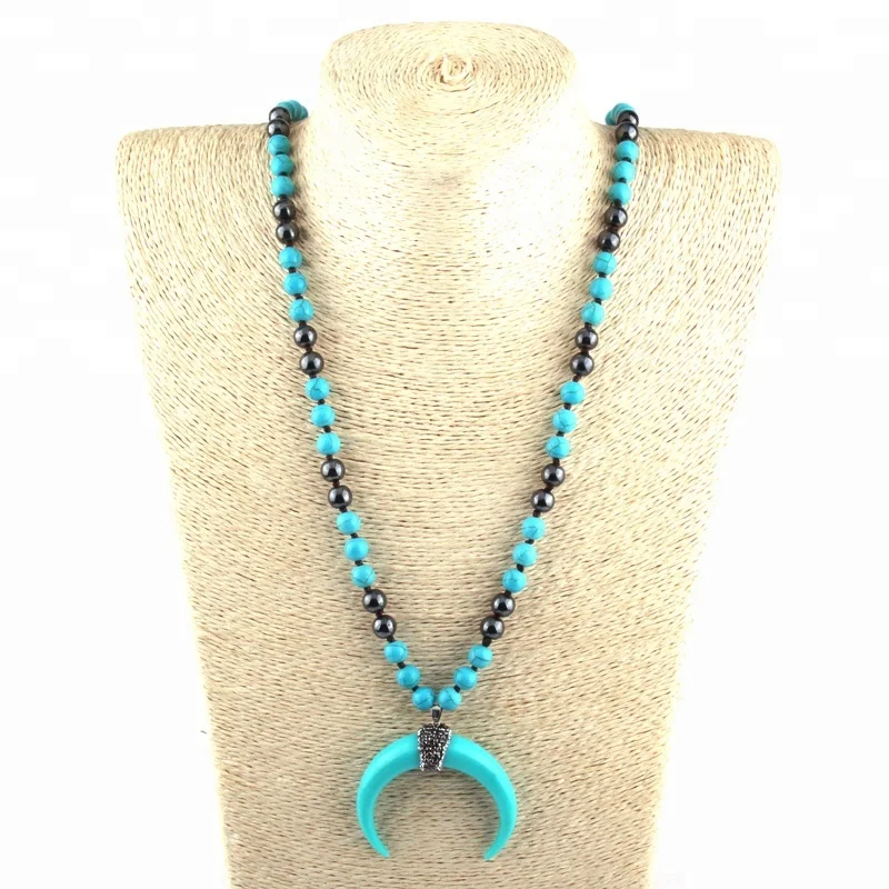 

Fashion Natural Stone necklace Long Blue Stripe Knotted Stone Moon Pendant Necklaces Women Necklace, Multi color