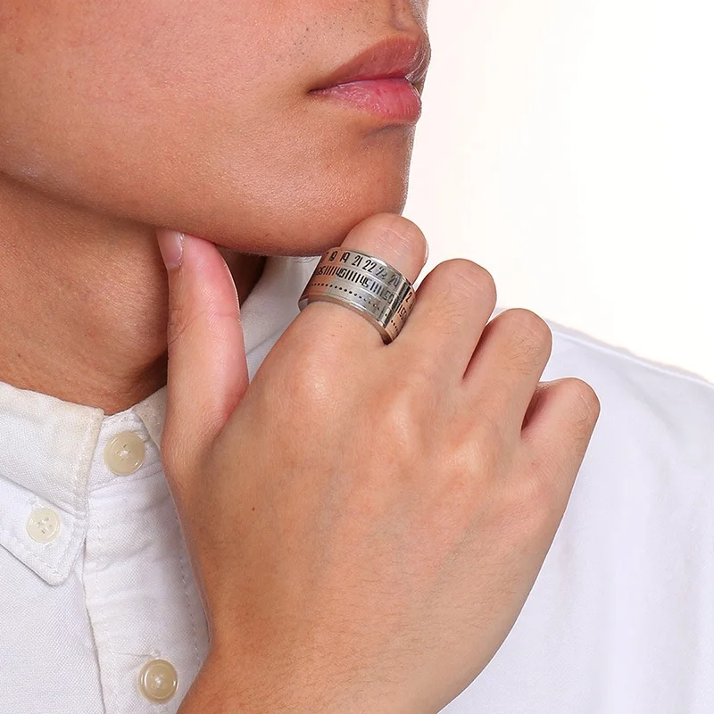 POYA Bijoux Hommes En Acier Inoxydable Chiffres Arabes Anneau Pivotant Hipster Anneau Pivotant