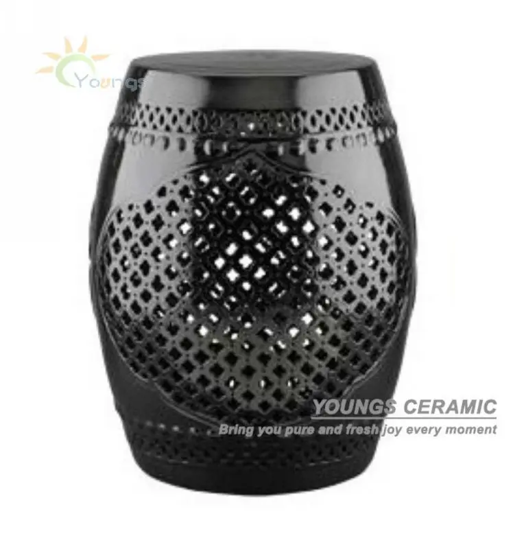 Chinese Black Lattice Ceramic Garden Stools H18inches