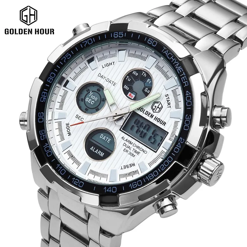 

Luxury Brand Analog Digital Watches Men GOLDEN HOUR Led Steel Male Clock Men Military Wristwatch Quartz Sports Watch